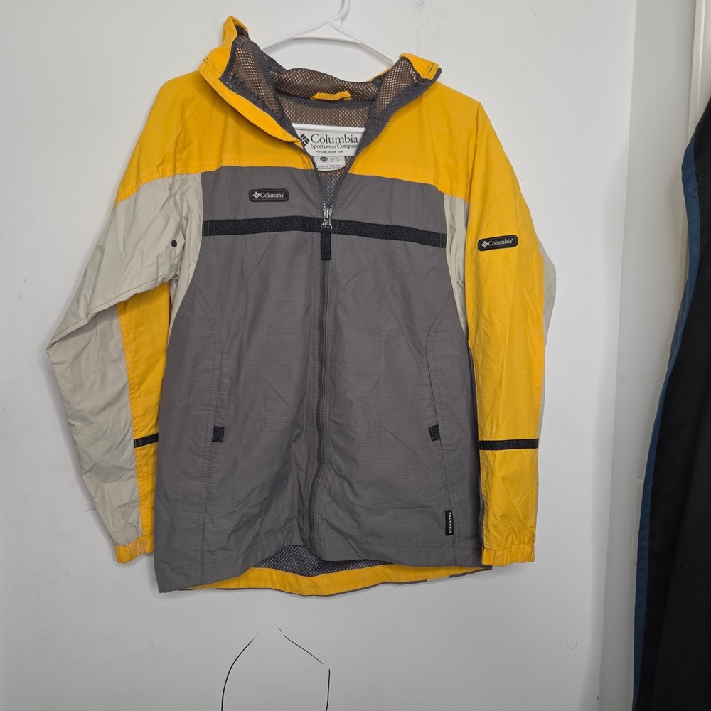 Columbia Kids Yellow Grey Colorblock Packable Windbreaker Jacket Size 14/16 XL